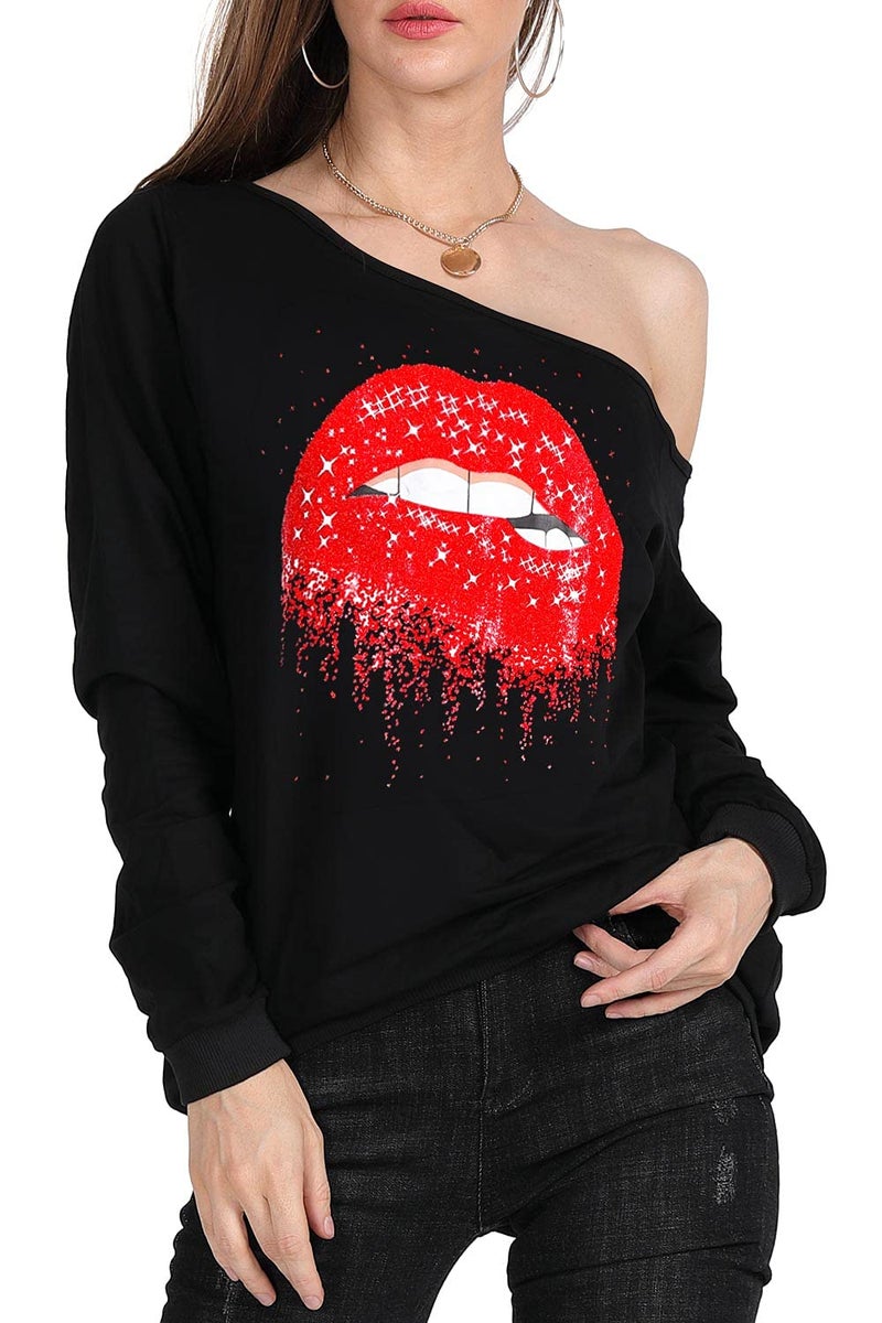 MAGICMK Womanâ€™s Sweatershirt Lips Print Causal Blouse Off The Shoulder Long Sleeve Loose Slouchy Pullover Plus Size Tops(M) Red - Image 4